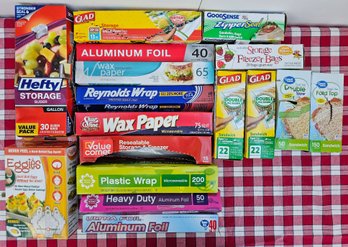 Collection Of Kitchen Essentials Incl Plastic Baggies, Wax Paper, Aluminum Foil & More