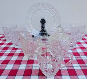 Cut Glassware Incl Whiskey Glasses, Cream & Sugar & Plates