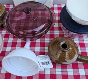 Great Kitchen Lot Incl Purple Pyrex Dish, Stoneware Soup Bowls, Pyrex Dishes & Much More