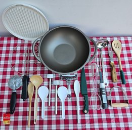 Lot Of Mostly Kitchen Utensils Incl Tongs, Tenderizer, Ladle, 12' Wok & More