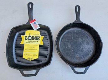 2 Lodge Cast Iron Skillets Incl. New Ribbed Grill Pan And Round Pan