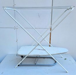 White Metal Folding Drying Rack With A Tabletop Ironing Board