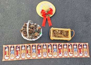 Wicker Baskets With Pinecones, Snowman Runner, And Christmas Hat