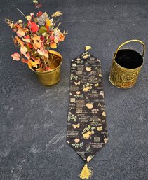 Vintage Brass Embossed Fire Bucket With A Lacquered Brass Bucket With Table Runner And Fall Foliage