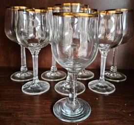 8 Clear Wine Glasses With Gold Tone Rim