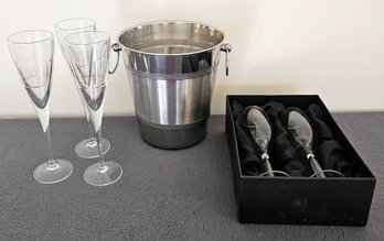 3 Mikasa Champagne Flute Glasses  With Silver Ice Bucket And 2 NIB Glasses