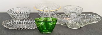 A Collection Of White, Cut Glass With A Cute Green Blown Glass Basket