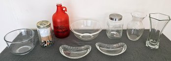 An Assortment Of Glassware Incl. Orange Bronco Jug, Mixing Bowls, Vases And More