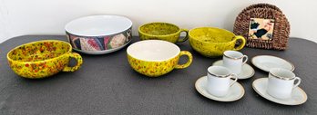 4 Green Speckled Pottery Soup Bowls,  Wicker Napkin Holder, 6 Piece Tea Set And More