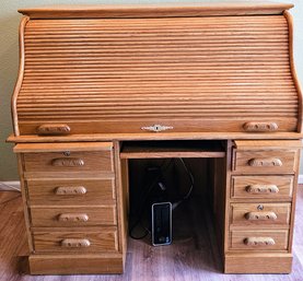 Oak Roll Top Desk With Brass Hardware (Computer Not Included)