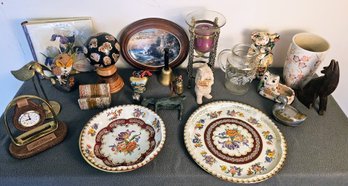 An Assortment Of Home Decor Incl. Brass Bells, MCM Heron, Candle Holder, Clock, Tin Serving Dishes And More