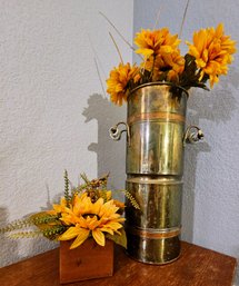 Gold Metal Can With Ceramic Handles And Faux Flowers Made In Holland  With Resin Planter And Sunflowers