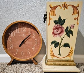 Cream Wooden Vase With Hand-painted Flowers And Gold Trim With Decorative Clock