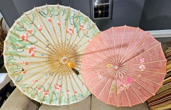 Pink Nylon Asian Hand-painted Umbrella With A Hand- Painted Paper Umbrella