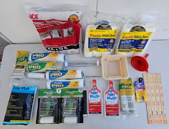 Lot Of Painting Supplies Incl Drop-cloth, Roller Brushes, Funnels & More