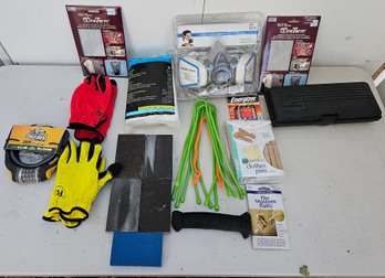 Assorted Lot Incl Bike Lock, Gloves, Respirator, Vinyl Cloth, Wire Form & More