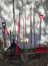 Large Lot Of Tools Incl Spade Shovel, Snow Shovel, Rakes, Squeegee & More