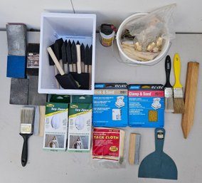 Assorted Tool Lot Incl Paint Brushes, Brass Hardware, Sanding Sponges & More