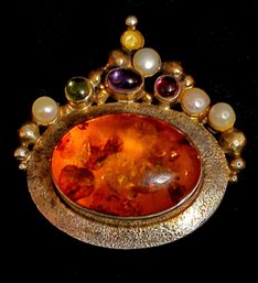 Vintage 925 Silver Pin With Amber, Pink Tourmaline, Peridot, Amethyst, And Pearl