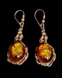 Sterling Silver Amber Drop Dangle Oval Pierced Earrings 9g