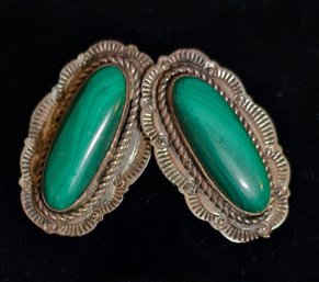 Vintage Southwest Style Silver Malachite Pierced Earrings 8g