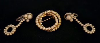 Vintage Brooch And Earrings With Milk Glass And Rhinestones (tested 10k)