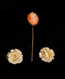 Vintage Rose Celluloid Earrings With A Vintage Cameo Style Pin