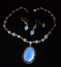 Blue Sterling Silver Necklace With Matching Dangling Earrings (Pierced)