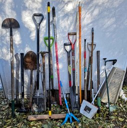 Assorted Yard Tools Incl Rakes, Brooms, Small Pitch Forks, And More