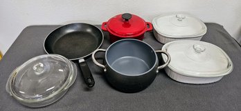 Kitchen Lot Incl Enamel Dutch Oven, Glass Casserole Dishes, 11' Pan & More