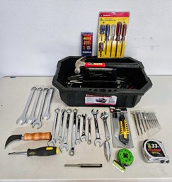 Husky Tool Caddy With Misc Tools Including 16oz Claw Hammer, Great Neck Wrenches, Measuring Tape, And More