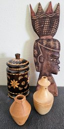 Lot Of Handmade Wood Home Decor Incl Decorative Vases, Lidded Canister & More