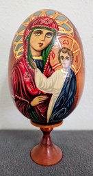 Hand Painted Russian Orthodox Theme Wooden Egg On Wooden Pedestal