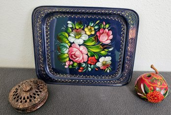 Floral Theme Decor Incl Enamel Tray, Wooden & Stone Trinket Boxes