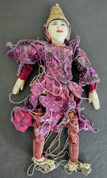 Vintage Thai Hand Crafted Wooden Marionette String Doll With Purple Sequin Outfit