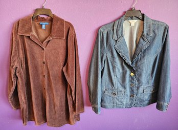 2 Button Up Coats Incl Karen Scott Brown Corduroy & Cj Banks Jean, Sizes 1x