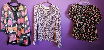 3 NWT Blouses Incl Liz Claiborne Purple Floral (12), Alfani Floral Silk (16w) & Rafella Cherry (16)