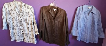 3 Long Sleeve Shirts Incl 2 Charter Club Woman Brown & White Floral & JM Collection Blue Floral, Sizes 14