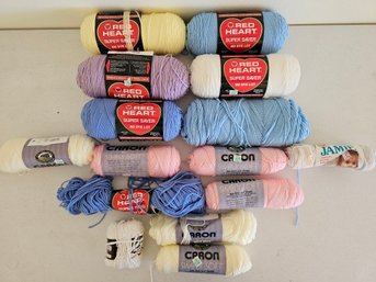 Lot Of Mostly New Yarn Incl Red Heart Super Saver Blues/white/purple, Carron Simply Soft Pinkcream & More