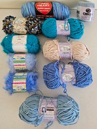 Lot Of Mostly Blue Yarn Incl Yarn Bee Artistry/airy/partygirl, Dreamy Chenille & Red Heart Super Saver