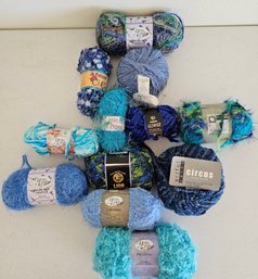 Lot Of Mostly Blue & Green Yarn Incl Yarn Bee Luscious, Jewelsong, Artful Yarns Circus & More