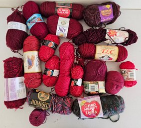 Lot Of Mostly Red Yarn Incl Red Heart, TLC Essentials, Bernat & More