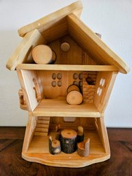 Wooden Dollhouse With Log Furniture NEW