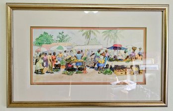 Street Market Theme Water Color Painting Signed By A Miller Numbered 6/90 In Silver/gold-tone Frame