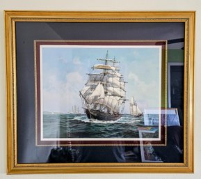 Cutty Sark Sailboat Print Signed By Artist Kendrick III Numbered 318/995 In Gold-tone Wooden Frame