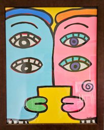 Abstract Colorful Faces Painting Signed By Artist Jelene In Wooden Frame