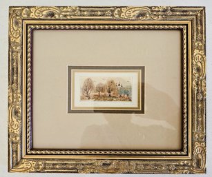 Original Watercolor Painting Autumn Chapel Scene Signed By Artist In Gold-tone Wooden Frame