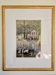 Floral Cottage & Sheep Scene Print In Gold-tone Wooden Frame