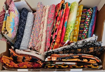 Lot Of Yardage Fabric For Quilting Incl Mostly Cotton Patterned, Floral, Halloween, Paris & More