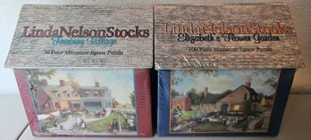 2 New Linda Nelson Stocks 100pc Miniature Puzzles Incl Fairbury Village & Elizabeth's Flower Garden